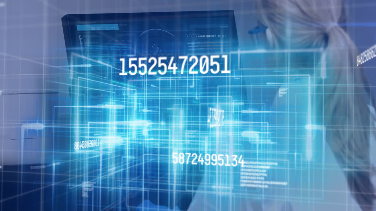 animación de números cambiando el procesamiento de datos contra la mujer usando computadora