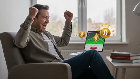 a man celebrating his success with bitcoin investments, expressing joy and excitement as market trends favorably shift towards cryptocurrency gains
