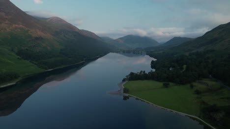 buttermere lake, early morning aerial view. cumbria uk