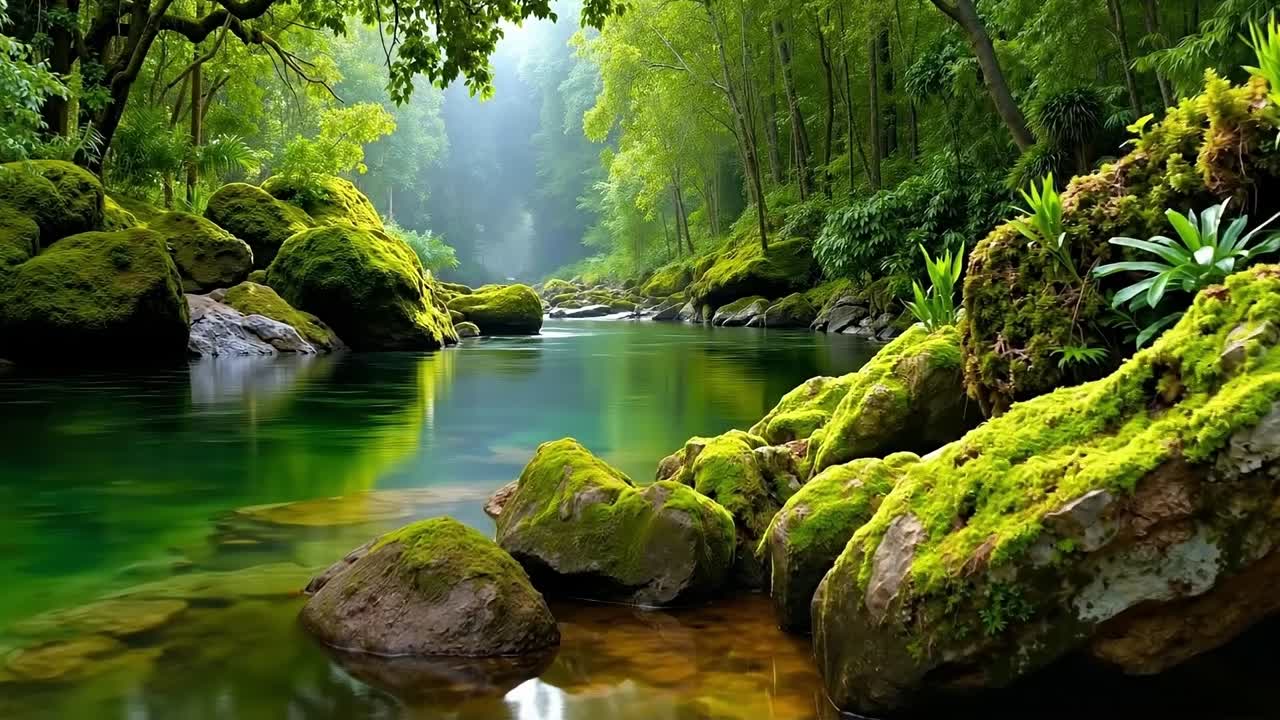 Un fiume in mezzo a una lussureggiante foresta verde piena di rocce