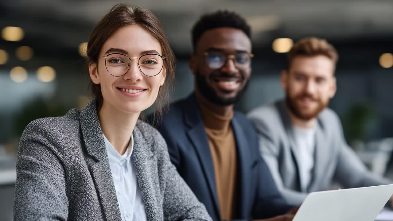 Teamsamarbejde i et moderne kontormiljø: Engagerede medarbejdere smiler til kameraet og fremhæver et positivt arbejdsmiljø og teamånd
