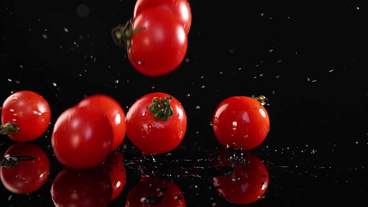 Cherry tomatoes drop onto a reflective black surface, creating splashes and dynamic movement under dramatic lighting