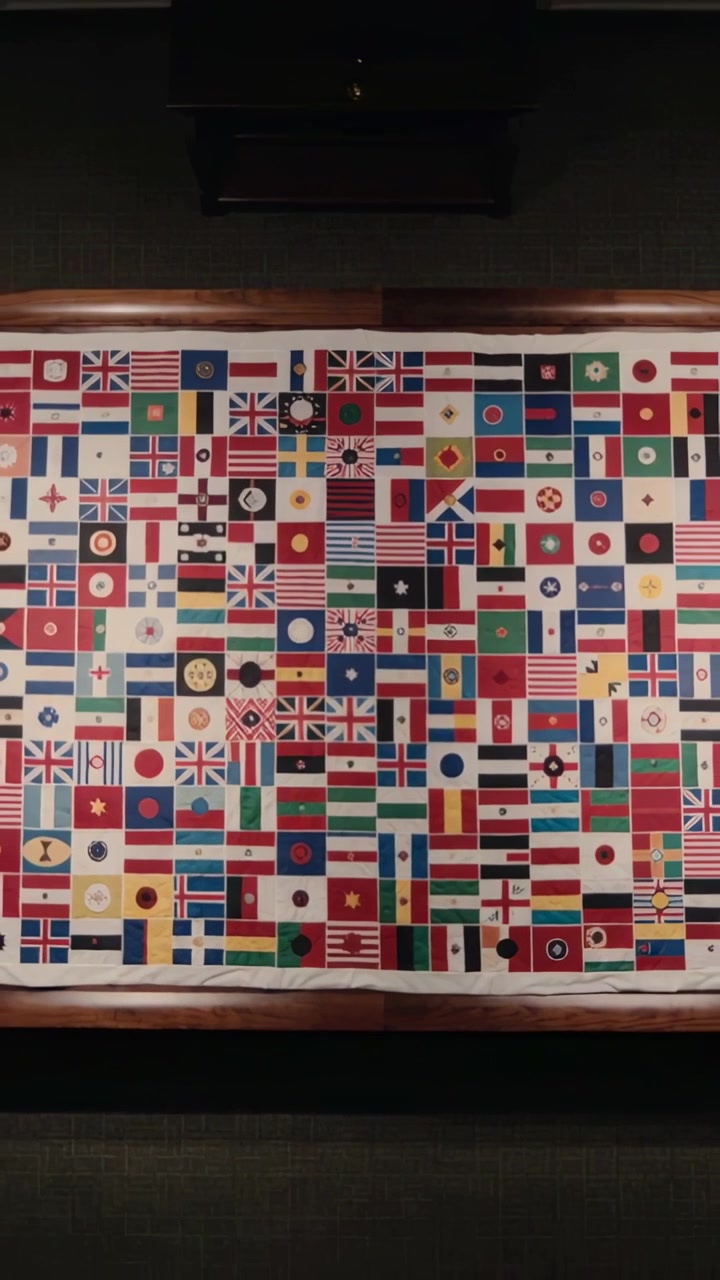 Vertical video: Pulling camera back revealing full flag-grid quilt on gallery wall showing molding