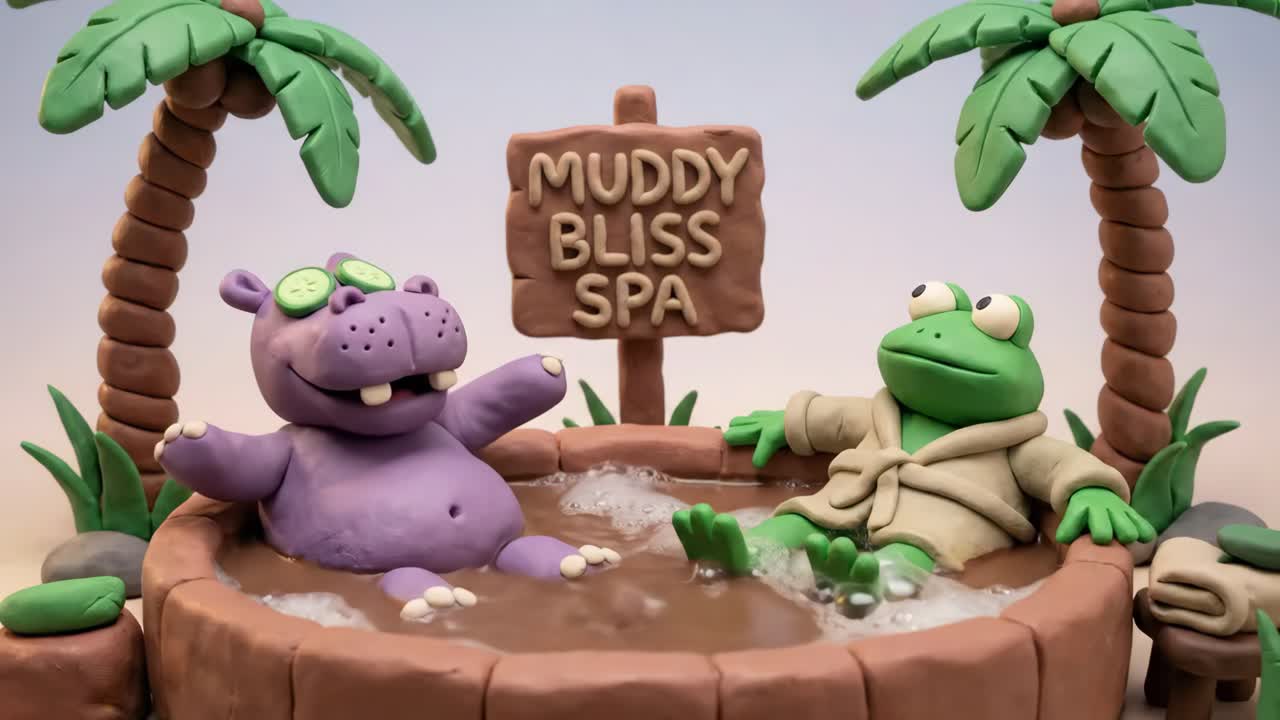 Ippopotamo e rana in claymation che si rilassano in una spa di fango