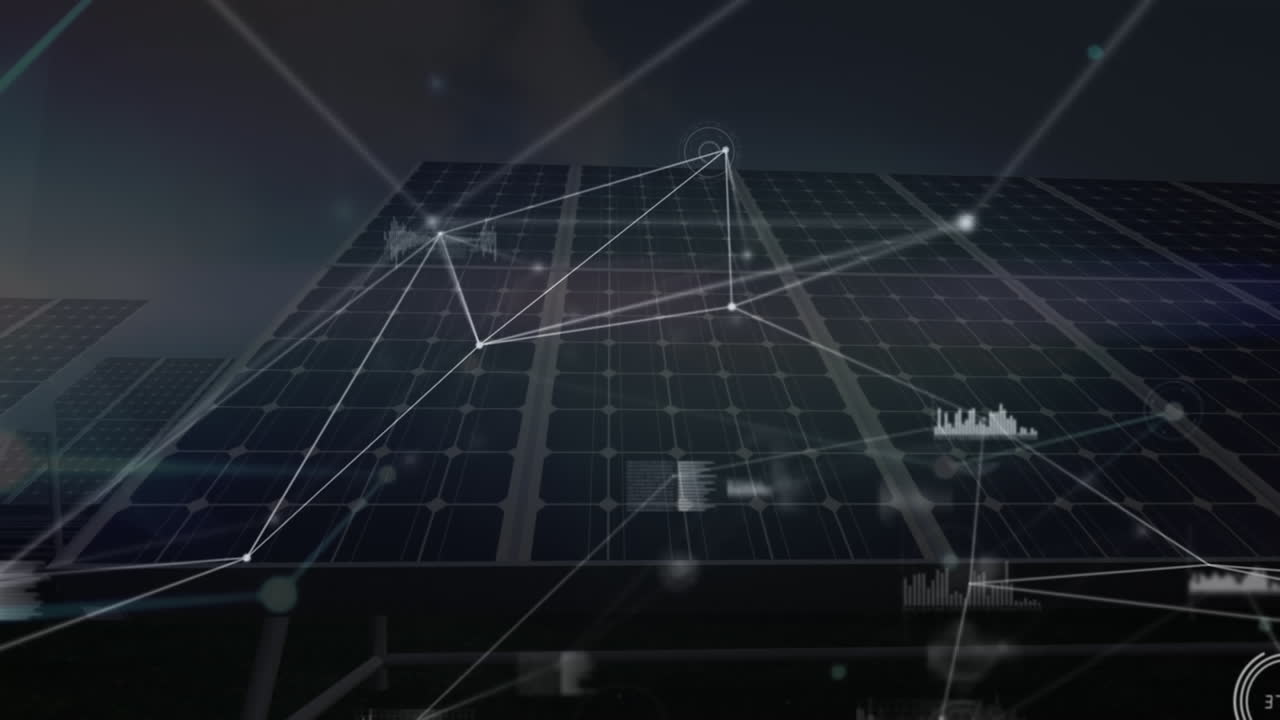 Animation of network of connections over solar panels in background