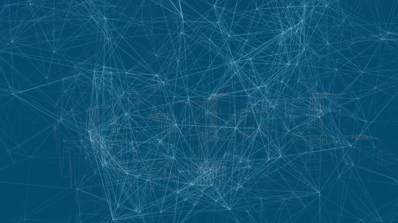 Animation of network of connections over digital city on blue background