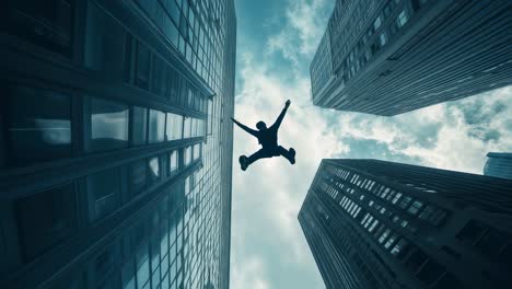 businessperson silhouetted midleap across towering urban skyline, symbolizing bold career advancement, strategic networking, professional ambition against dramatic architectural backdrop