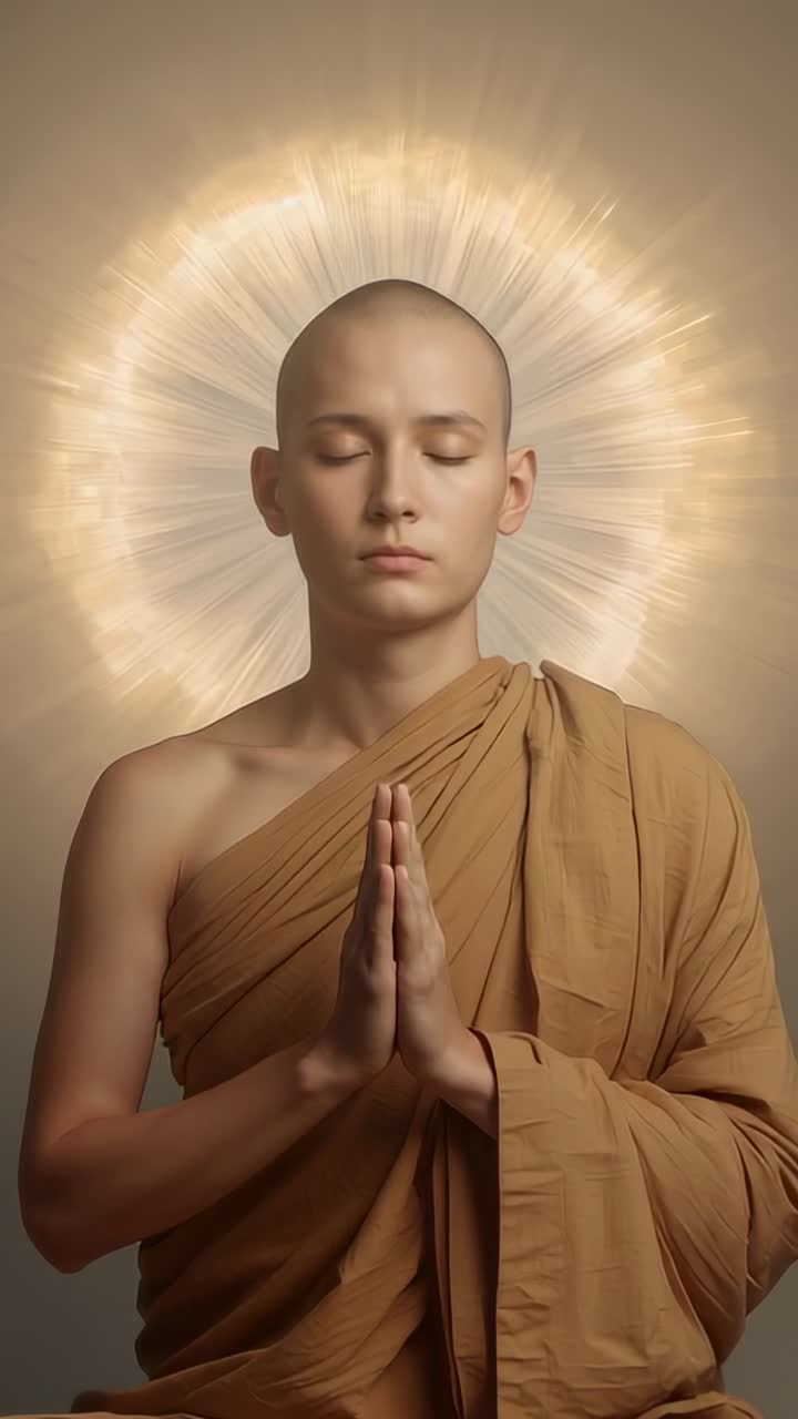 Vertical video: Inhaling monk in saffron robe meditating on beige floor for calm, with halo pulsing