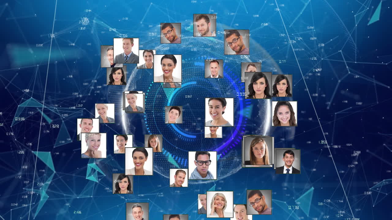 анимация глобуса с сетью соединений и фотографиями людей