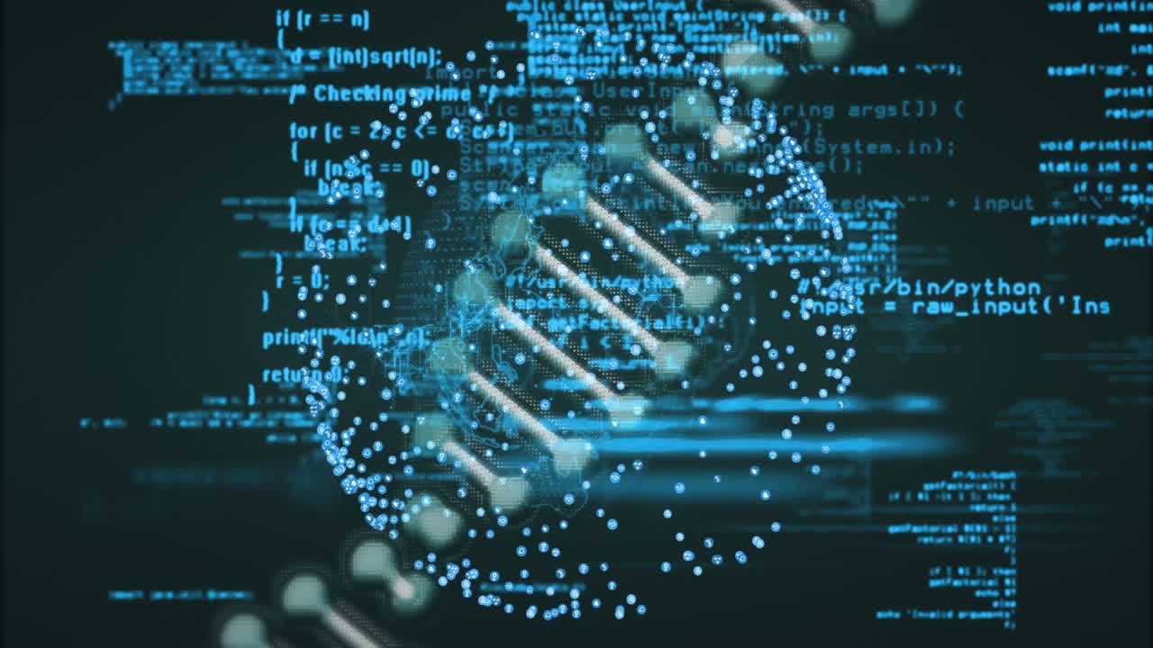 Animating DNA strand and programming code over dark background