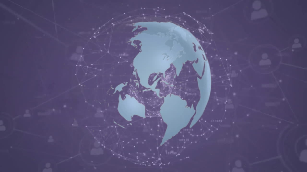 Animation of globe of connections with icons on grey background