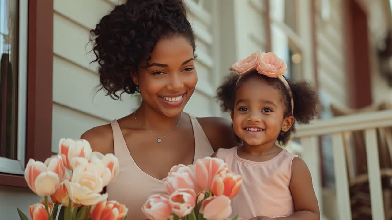 Mother and daughter smiling with tulips