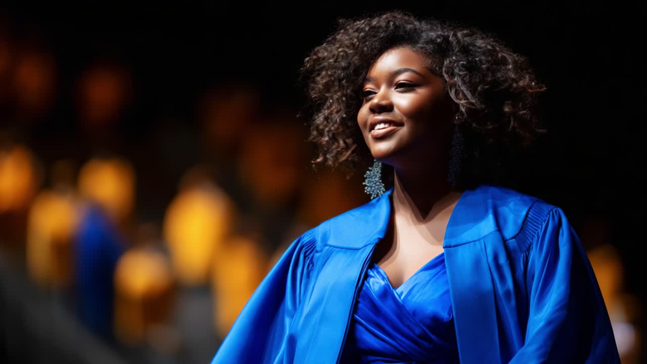 Celebrating Achievement: A Young Graduate in a Vibrant Blue Gown Radiates Joy and Pride During the Graduation Ceremony, Marking a Significant Milestone in Her Educational Journey