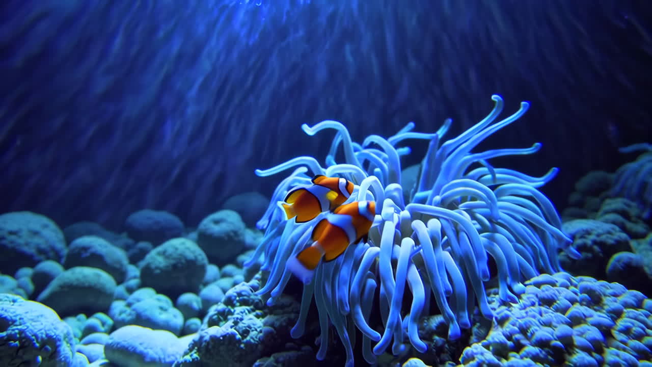 Due pesci pagliaccio con un'anemone di mare blu sott'acqua