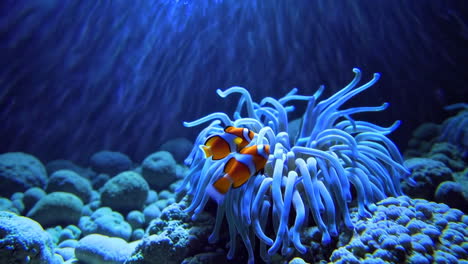 two clownfish with a blue sea anemone underwater