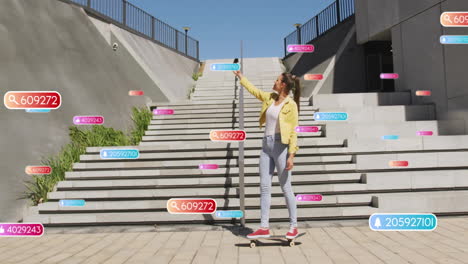 woman standing on skateboard at base of wide stairs, sharing floating social media metrics