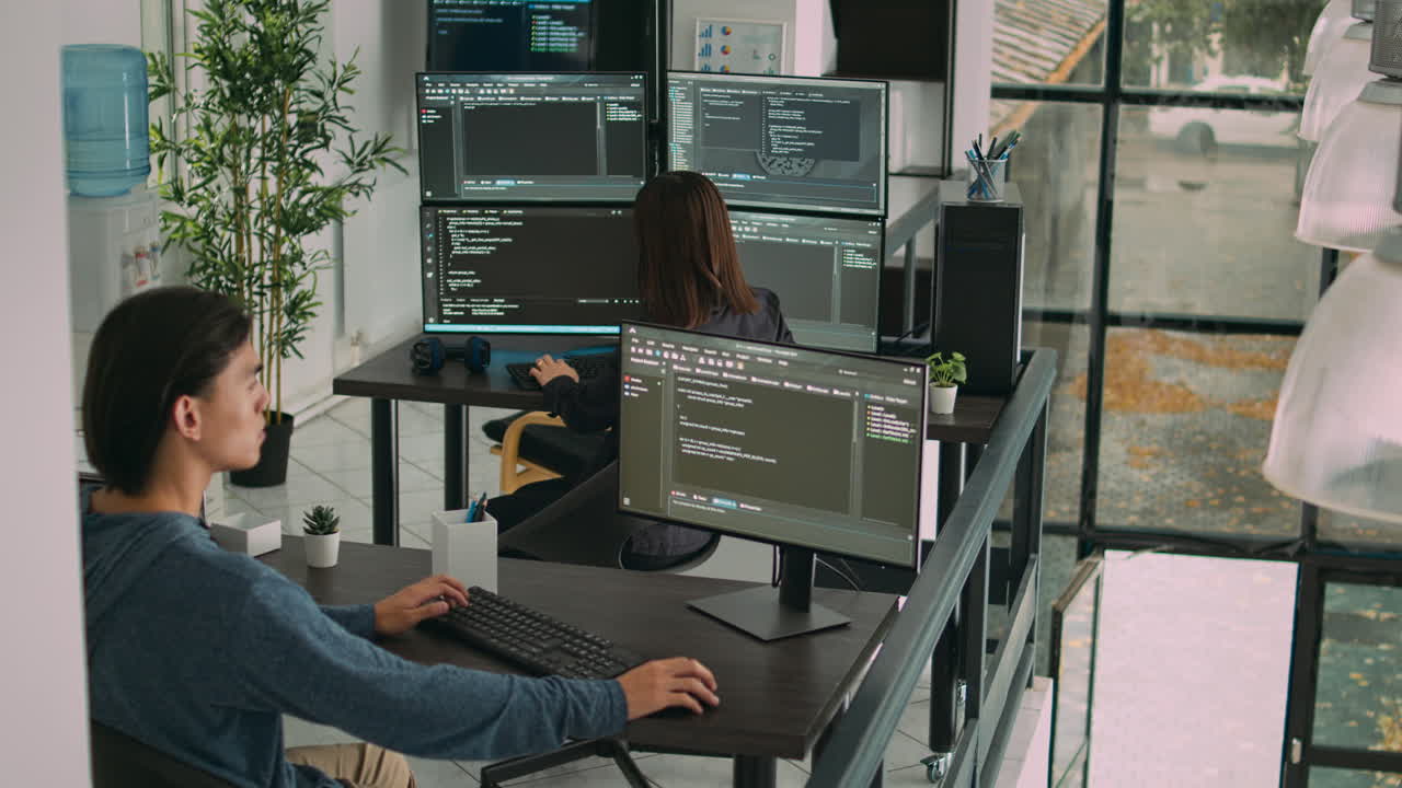 Diverse team of database developers analyzing code on terminal window