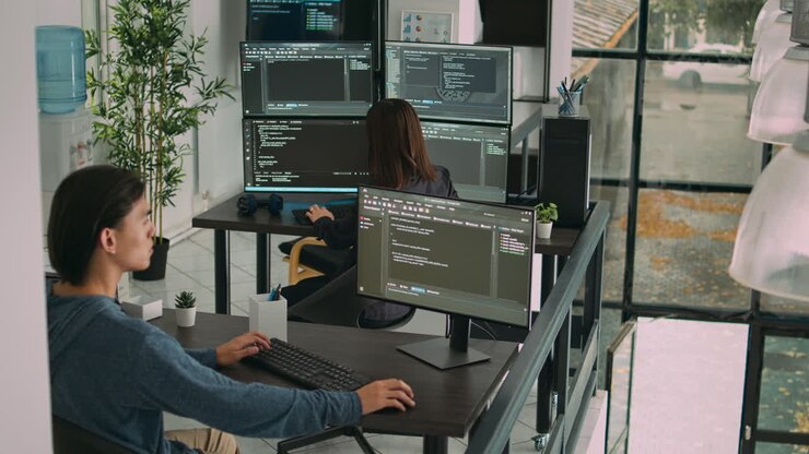 Diverse team of database developers analyzing code on terminal window