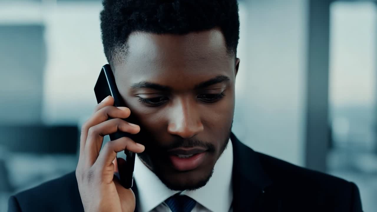 Businessman engaging in a serious phone conversation while seated in a professional office environment