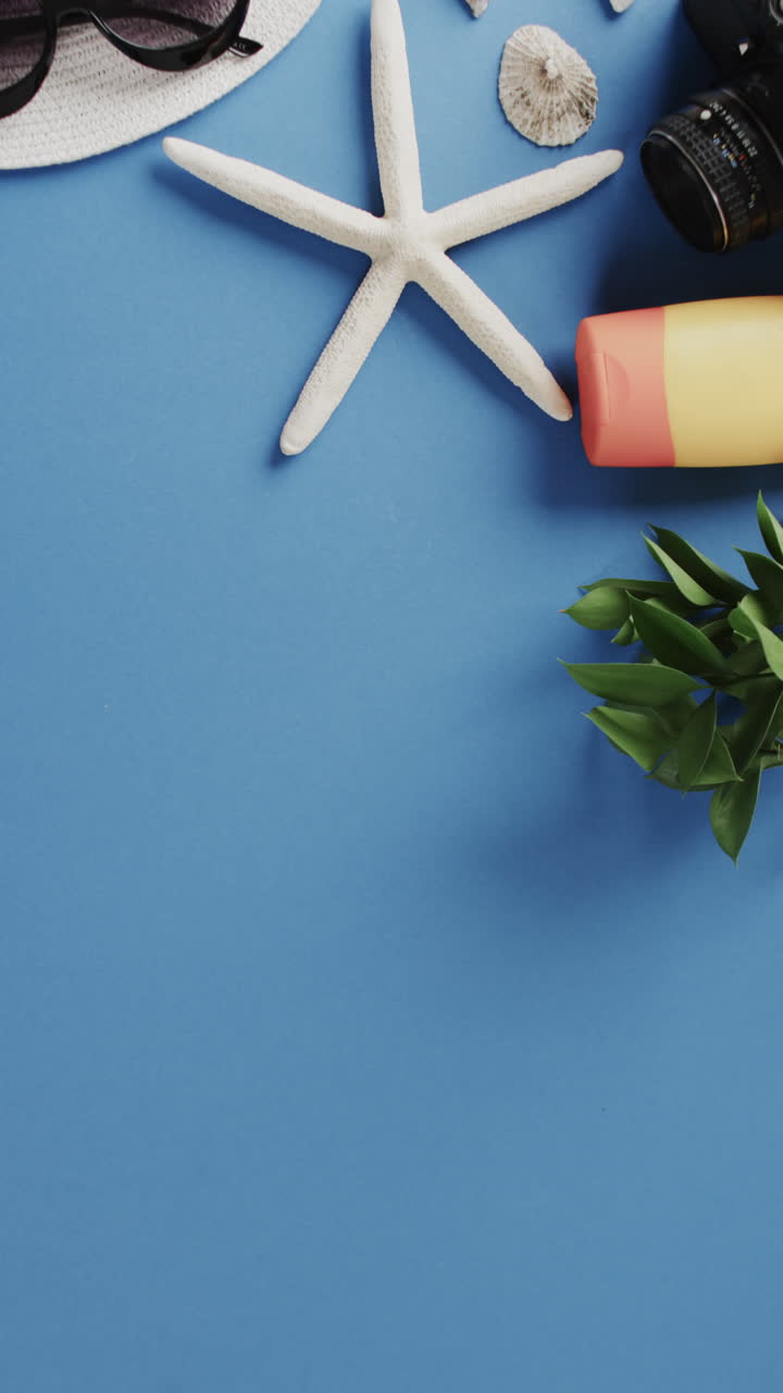 Vertical video of shells, camera, hat and copy space on blue background