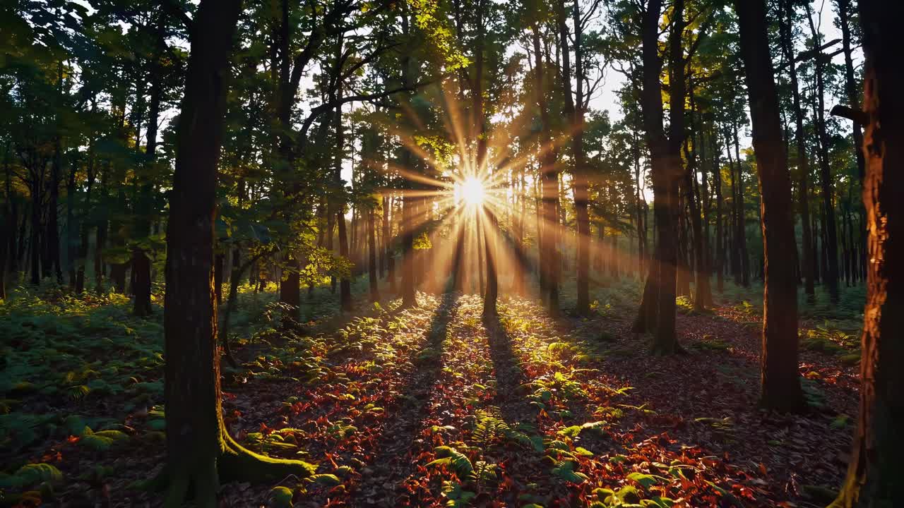 A serene forest scene captured at sunrise with sun rays streaming through trees
