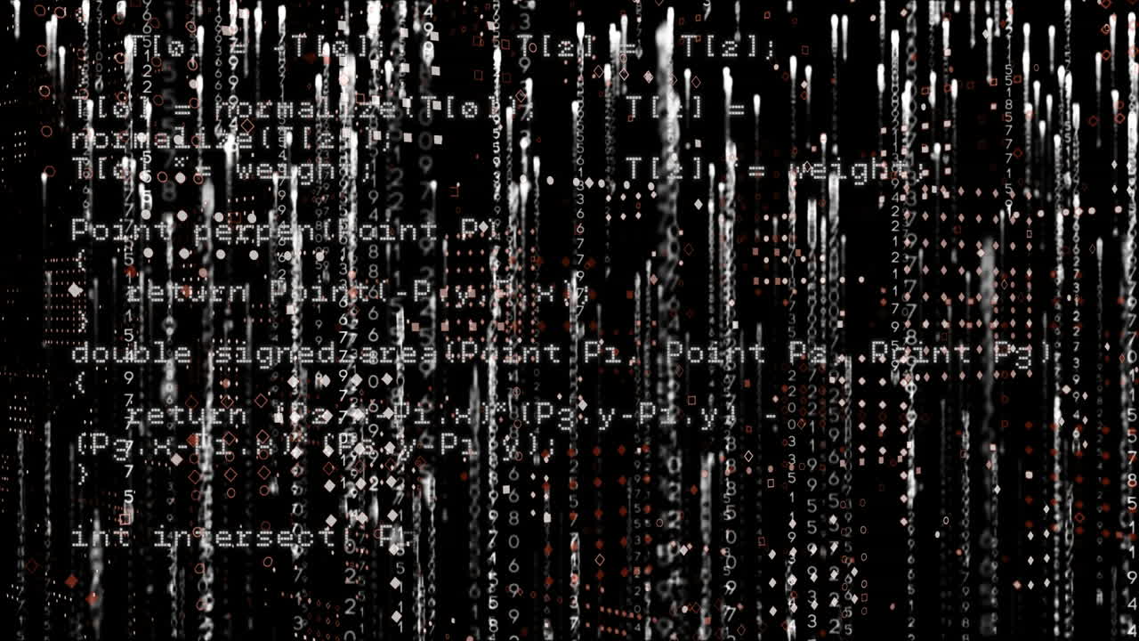 Animation of white light trails falling over data processing, on black