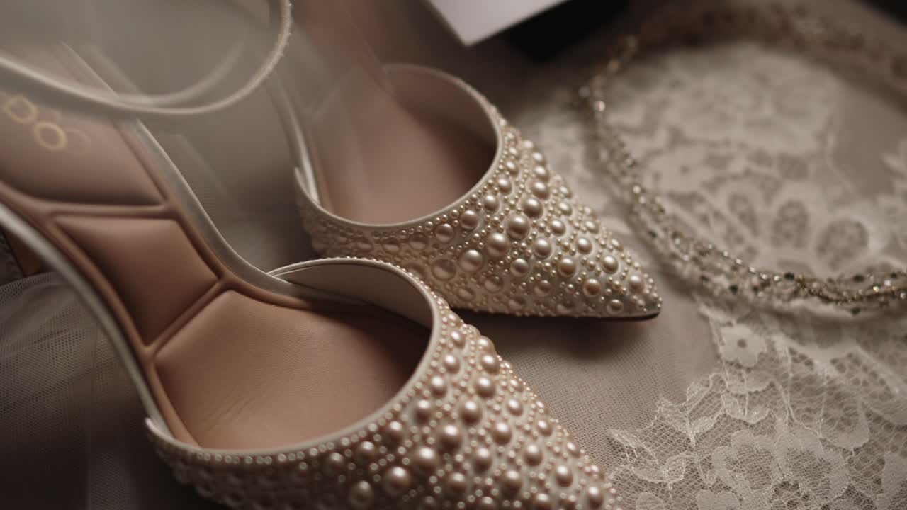 Primo piano di lussuose scarpe da sposa con perle su tessuto di pizzo con luce soffusa e romantica.
