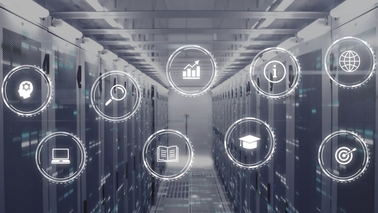 Animation of multiple digital icons and mosaic sqaures against computer server room