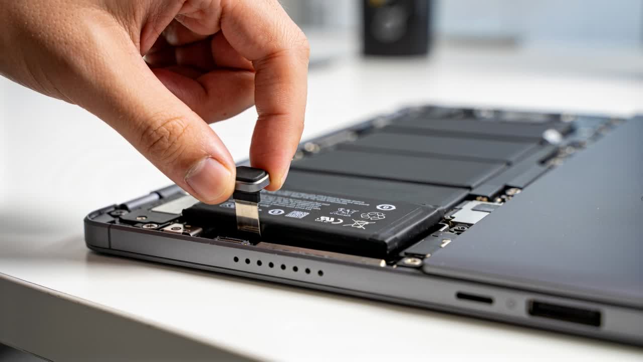 Entering right hand pulling adhesive pull-tab from laptop battery on repair bench, prepping removal