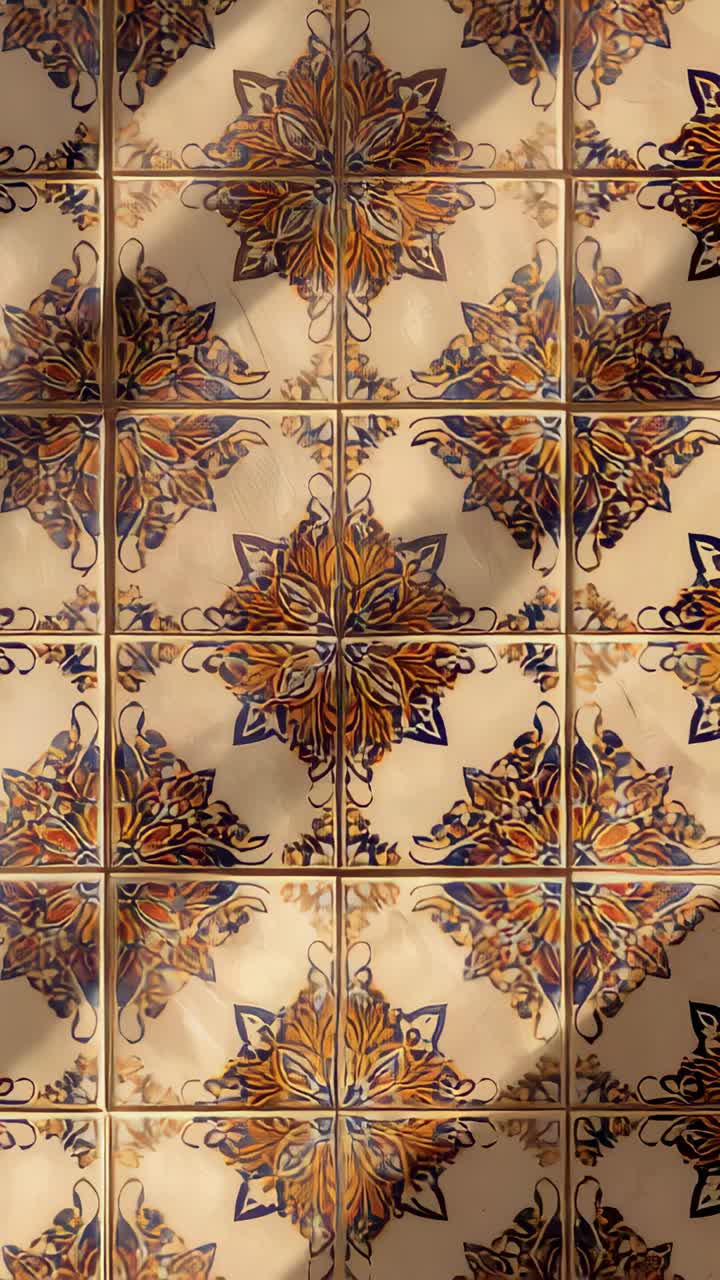 Vertical video: Framing grouted medallion tiles in kitchen, shifting in sun, moving dappled shadows