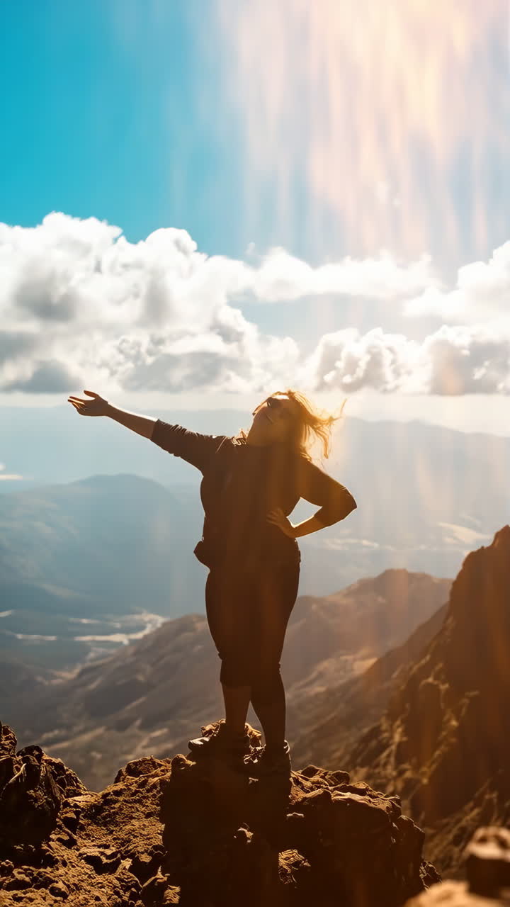 Woman celebrating triumph and freedom on a mountain peak