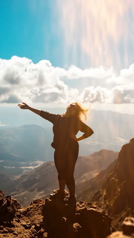 woman celebrating triumph and freedom on a mountain peak