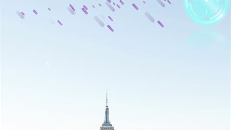 도시 풍경 위에 움직이는 시계와 보라색 선의 애니메이션