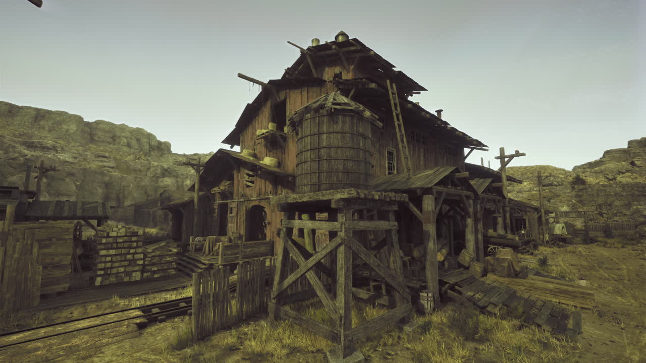 Struttura di una vecchia città western con elementi in legno in un paesaggio arido.