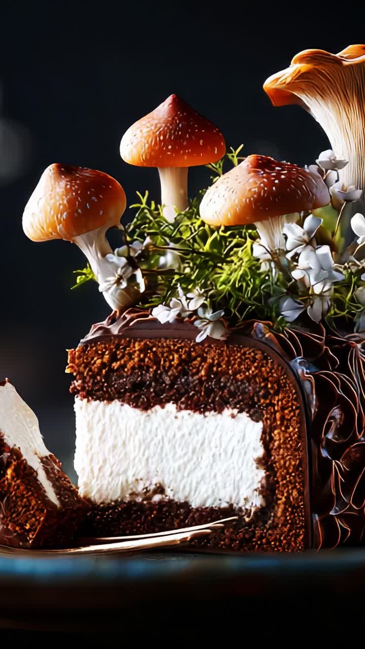 Una squisita torta al cioccolato con delicate decorazioni a forma di fungo e un ripieno cremoso, perfetta per celebrazioni e occasioni festive con un tocco di natura