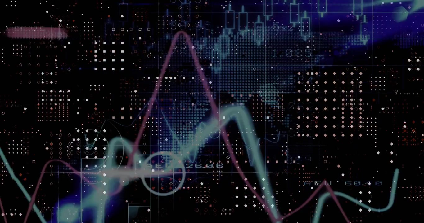 Animation of multiple graphs over dots forming abstract pattern, numbers and map