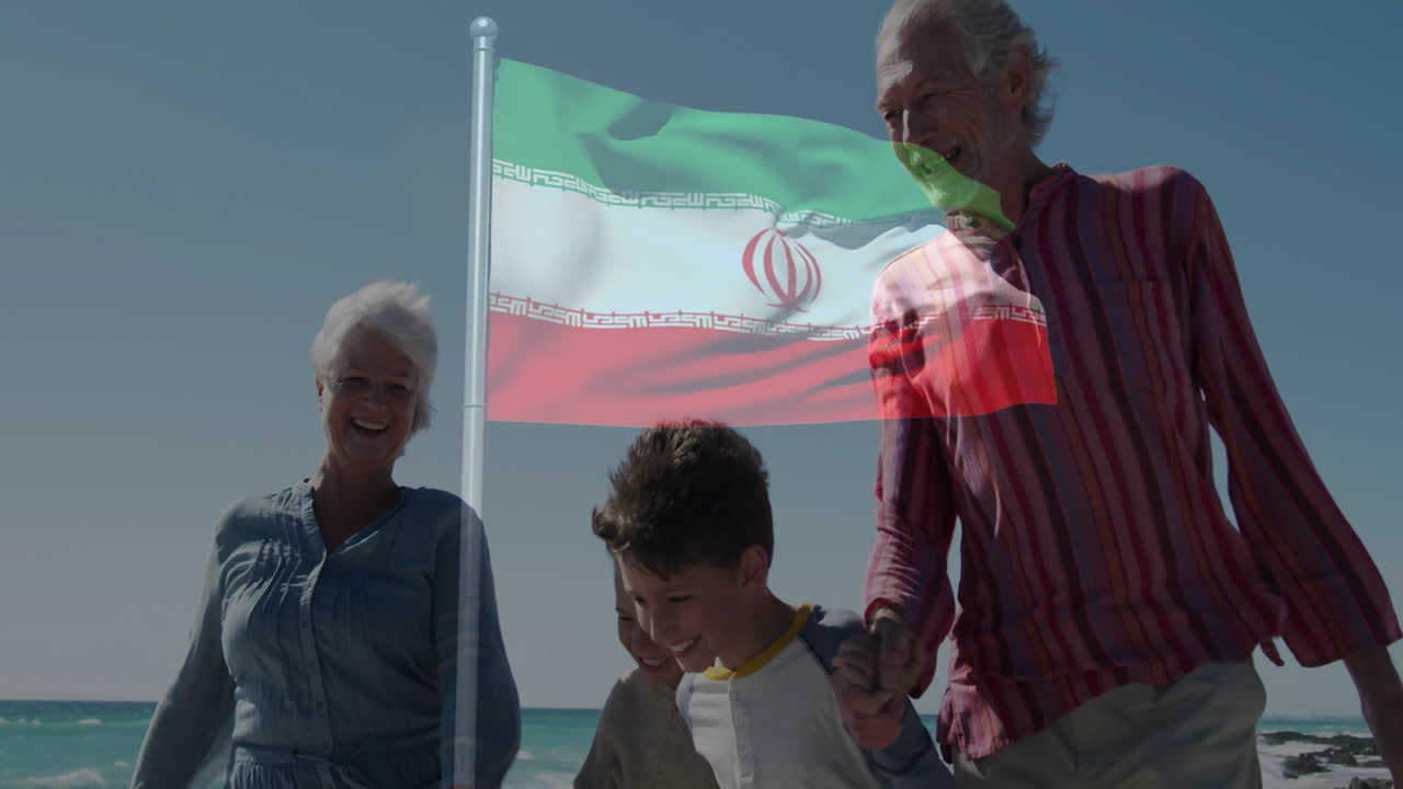 Walking on beach, elderly couple and child with Iranian flag animation overlay