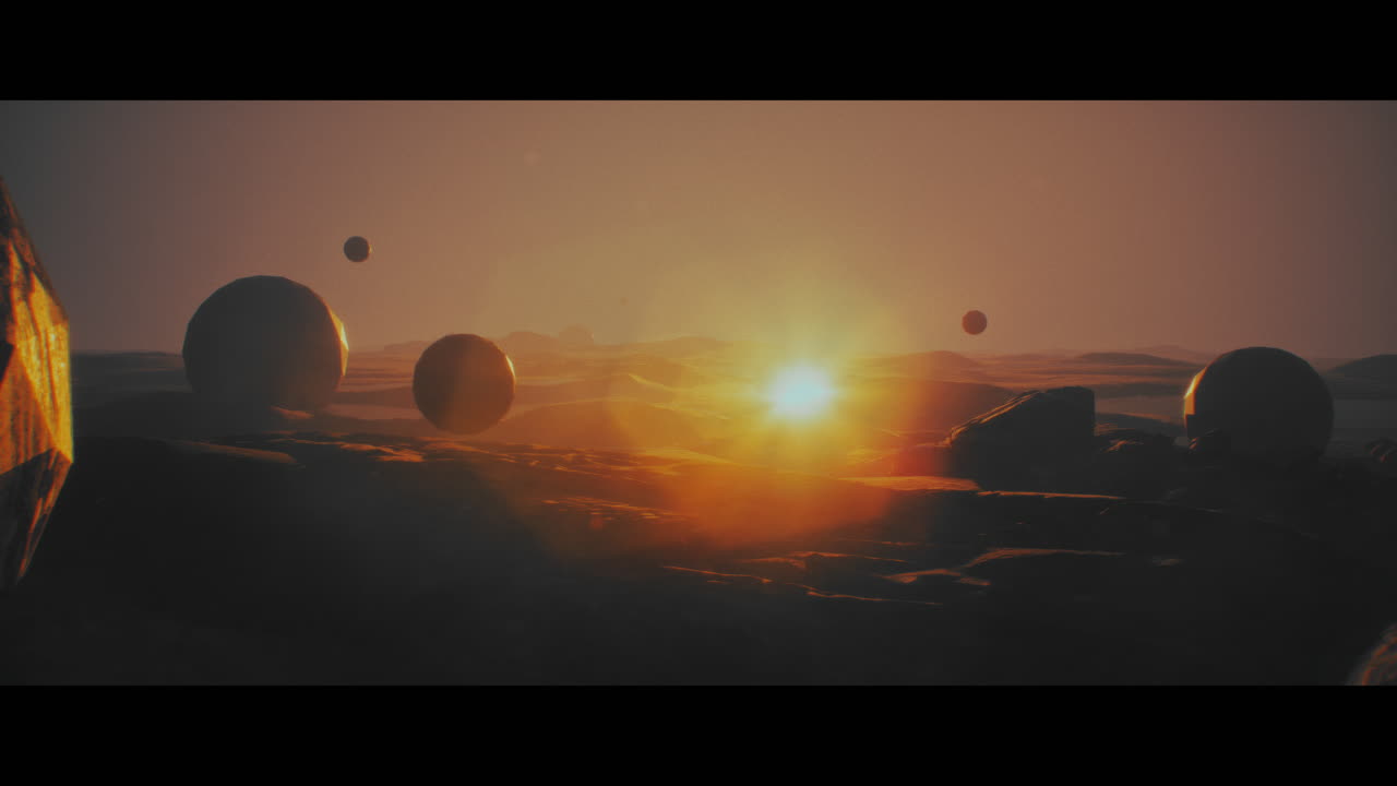 Alien planet desert landscape during sunset with strange sphere-shaped buildings