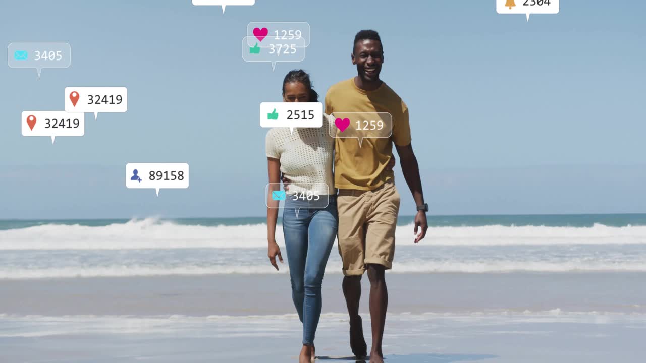 Couple stepping beach activating animated social media icons showing engagement growth around them