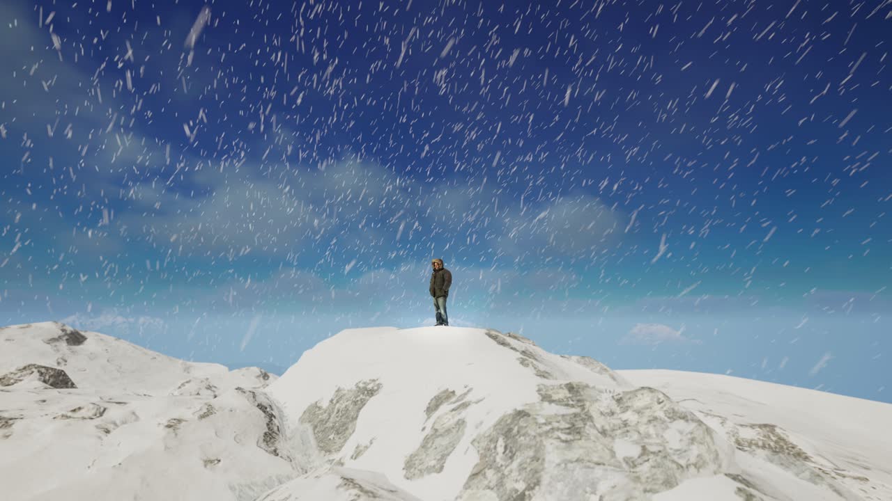 눈 인 산 꼭대기에 서 있는 사람. 추운 눈이 쌓인 풍경, 공중 풍경, 비현실적인 4k 스크린