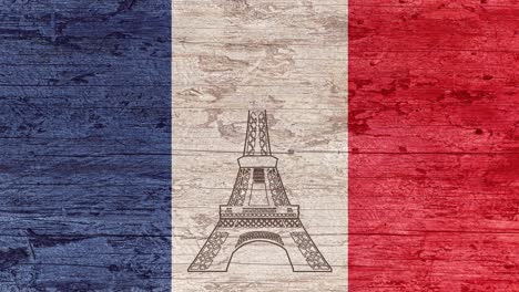 happy bastille day.animation of the eiffel tower scratched into a wooden table painted with the french flag.line art.travel to france.tour eiffel.paris