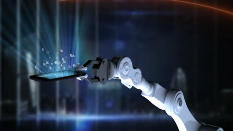 animation of symbols floating over robotic arm holding a smartphone against office window