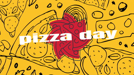 animación del texto del día de la pizza y dibujos de pizza en fondo amarillo