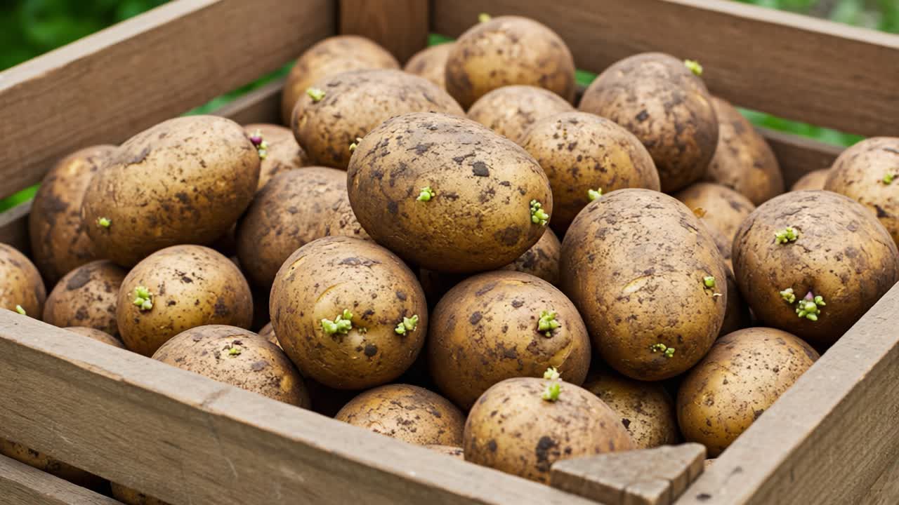 Freshly Harvested Potatoes Sprouting in a Rustic Wooden Crate, Highlighting Their Earthy Texture and Natural Growth, Perfect for Culinary Creations and Garden Enthusiasts