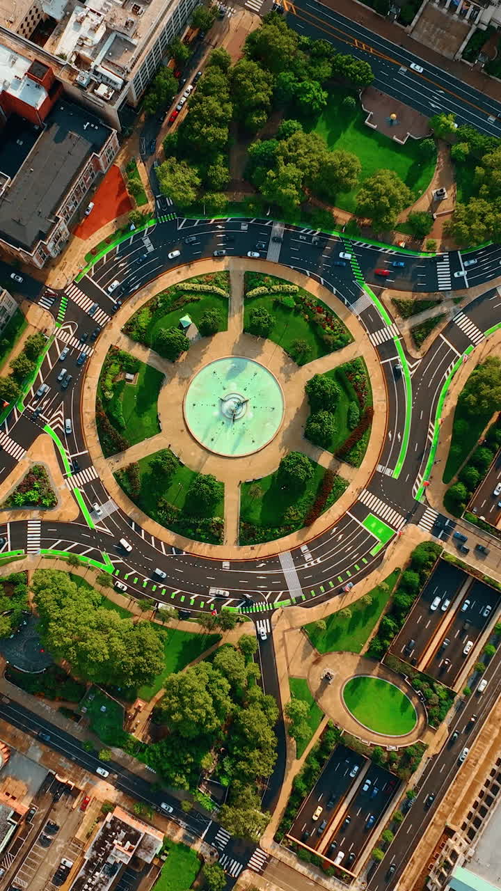 Transport moves by the roundabout surrounded by lush greenery. Top view. Lively roads of Philadelphia. Vertical video