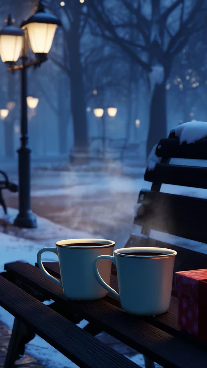 A Tranquil Evening Scene Featuring Two Steaming Cups of Coffee on a Park Bench Surrounded by Softly Glowing Street Lamps and a Serene Winter Atmosphere with Gentle Snowfall