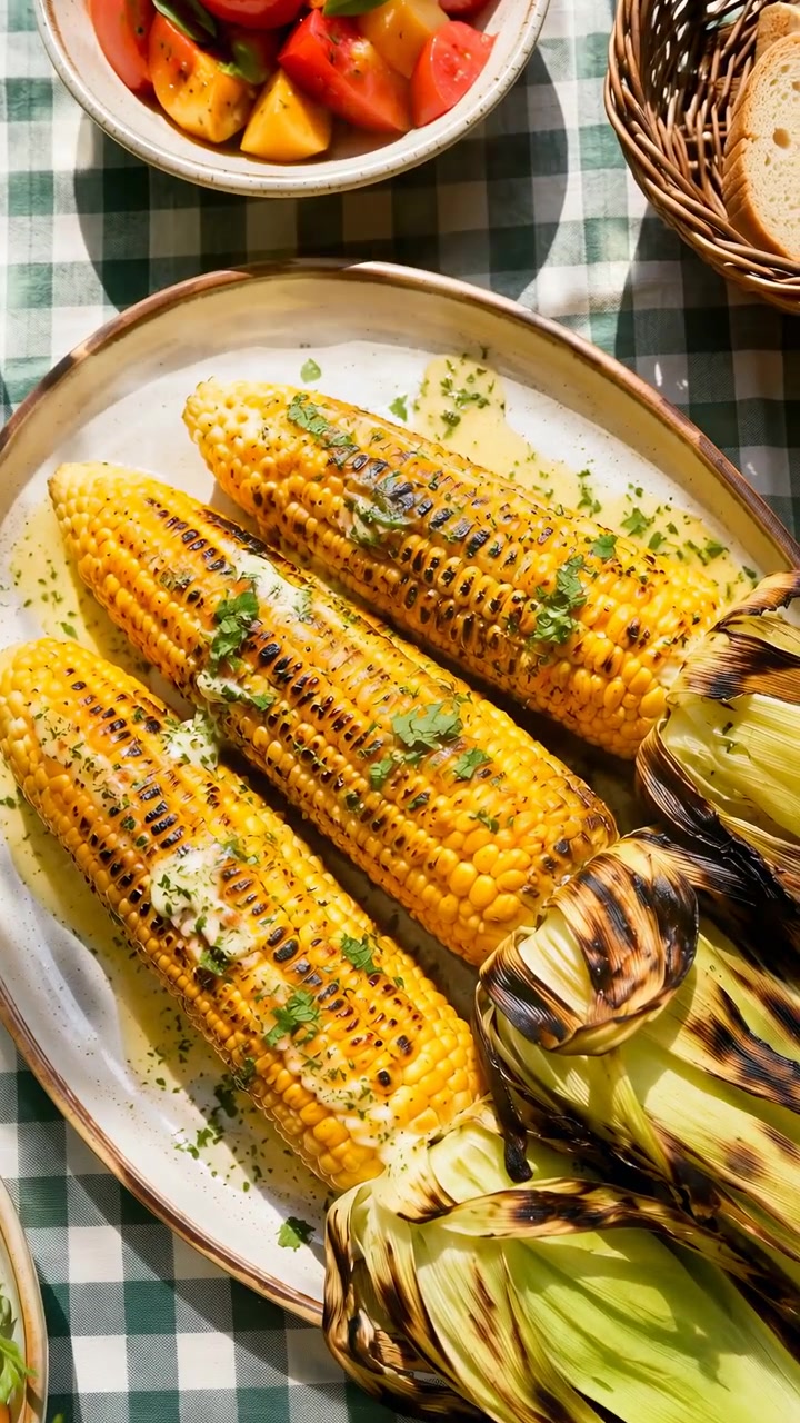 Golden corn with blistered kernels and partly charred husks rests on a large plate while a gentle close movement reveals herbs, colorful side dishes, woven basket, and sunny table setting.