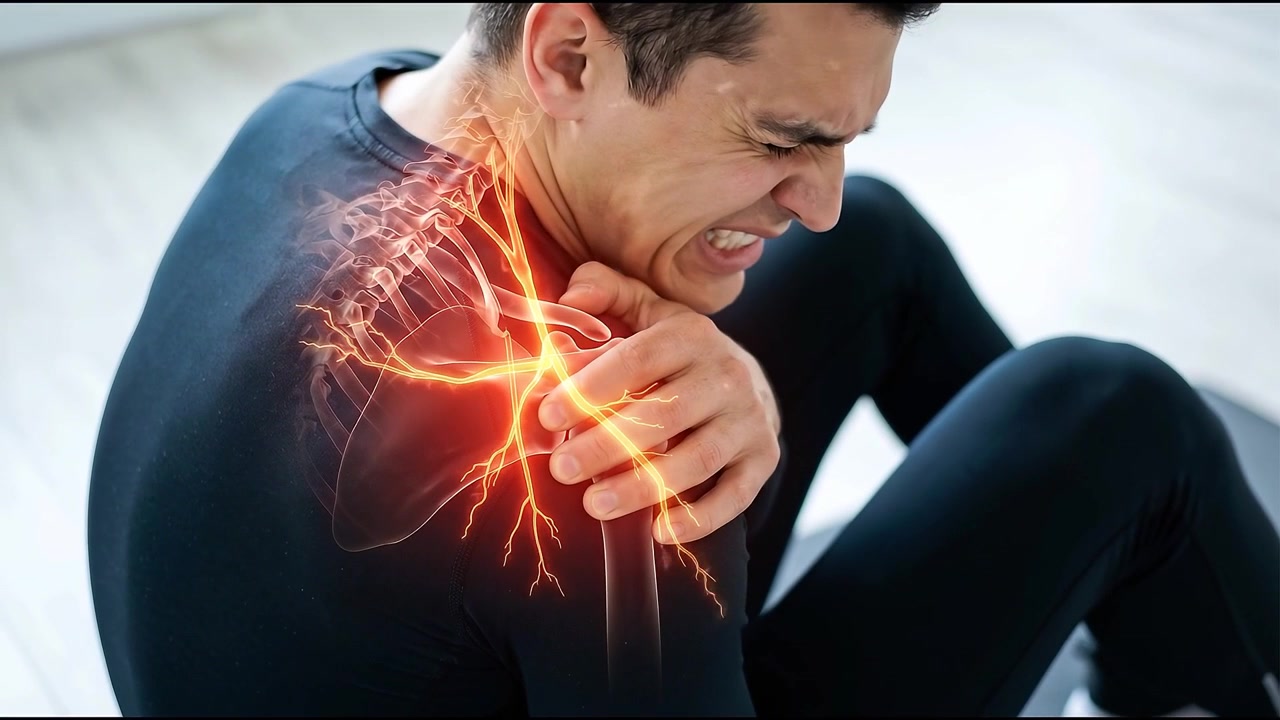 Uomo che prova dolore alla spalla con visualizzazione anatomica dei nervi.