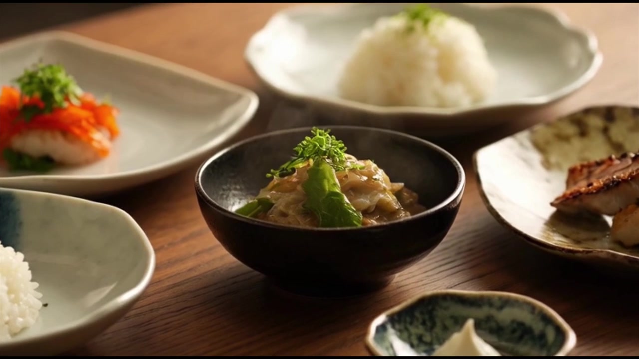 木製のテーブルに伝統的な和食を並べる人