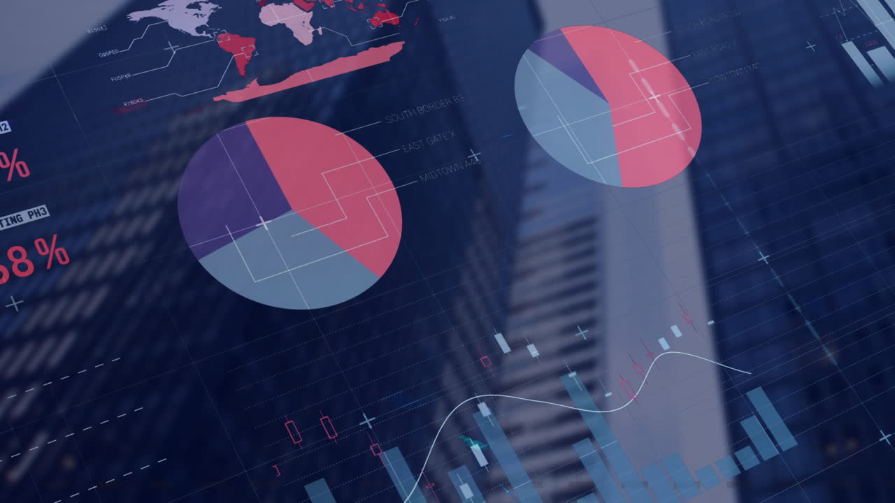 Animation of multicolored infographic interface over low angle view of buildings against sky